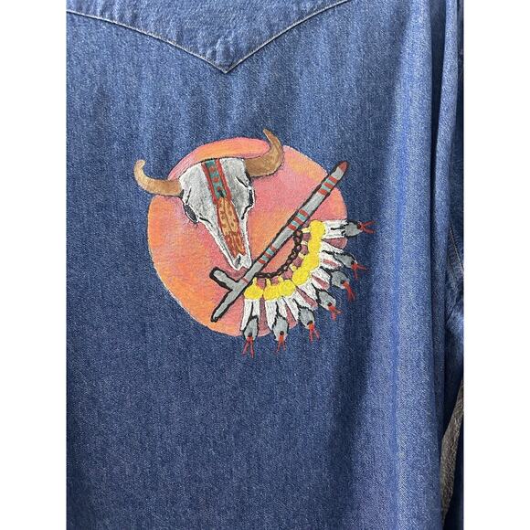 American Hero Authentic Mens Size XL Denim Long Sleeve Shirt Hand Painted Native - Picture 10 of 12